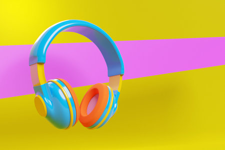 3d illustration realistic colorful headphones isolated on pink and yellow background.Sound music...