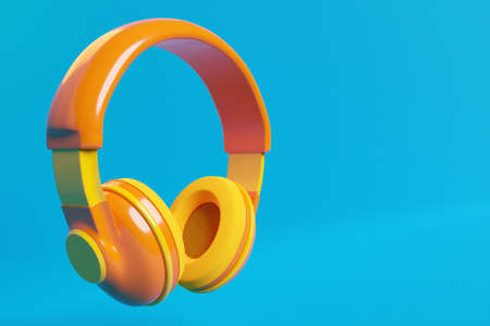 Orange classic wired headphones isolated 3d rendaring. Headphone icon illustration. Audio technology.の写真素材