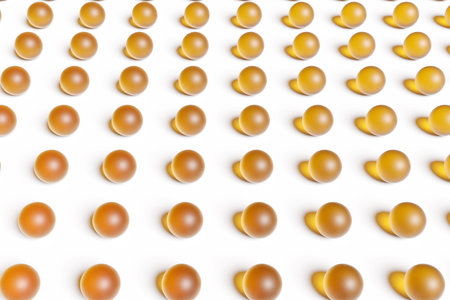3d illustration of rows of yellow round, under a lights. Shape pattern. Technology geometry background. Tablets in even rowsの写真素材
