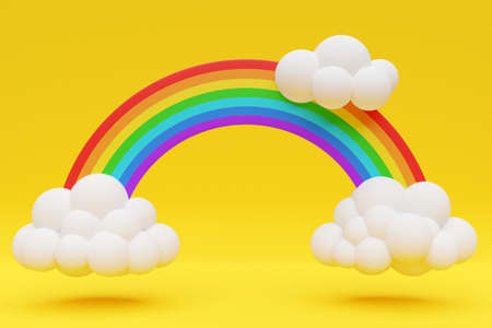 3d illustration of a rainbow color with clouds, sky. cartoon illustration isolated on yellow. Summer symbol.の写真素材