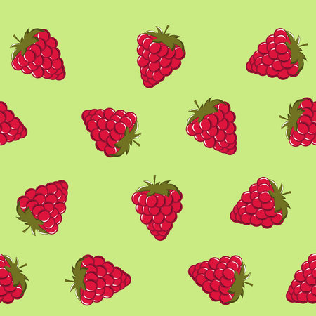 Seamless pattern with raspberries on a green isolated background. Summer minimalistic background