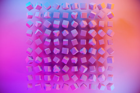 3d illustration of rows of pink cubes under a blue-pink neon color. Parallelogram pattern....