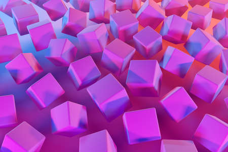 3d illustration of rows of pink cubes under a blue-pink neon color. Parallelogram pattern. Technology geometry backgroundの写真素材