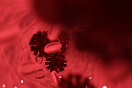 Red coronavirus COVID-19 under the microscope. 3d illustration concept coronavirus COVID-19.の写真素材