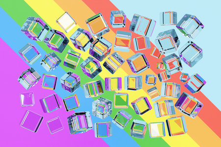 3d illustration of transparent cubes on rainbow background. Parallelogram pattern. Technology geometry backgroundの写真素材