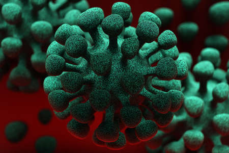 3D rendering. Covid 2019 virus concept in black on a dark background. Pandemic medical Coronavirus concept. Microscope virus close-up.の写真素材