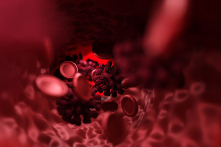 Red coronavirus COVID-19 under the microscope. 3d illustration concept coronavirus COVID-19.