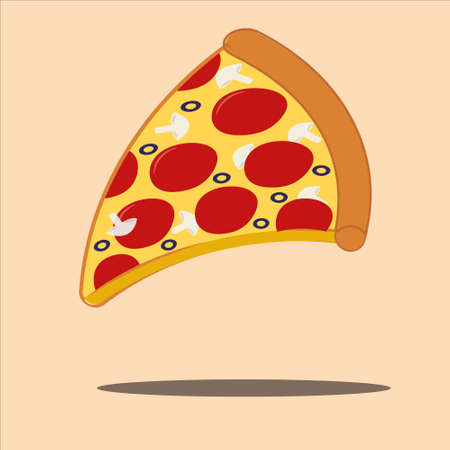 Slice of italian pizza pepperoni with sausage, olives and mushrooms on a beige background with shadow, side viewのイラスト素材