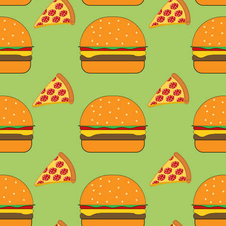 Fast food pattern with modern doodle food illustrations. Seamless vector background, burgers with cheese and cutlets, slices of pepperoni pizza on a green backgroundのイラスト素材