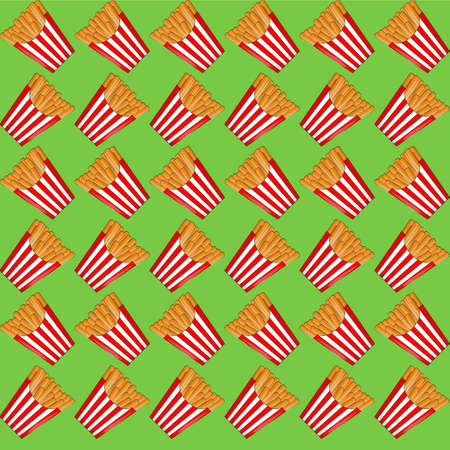 Pattern of crispy fried potatoes in a red box. Fast food, unhealthy food concept.のイラスト素材