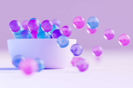 3D illustration of a large plate with colorful glass balls flying in different directions on a pink background. Shiny beadsの写真素材