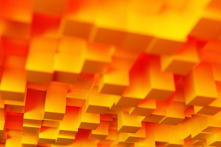 3d illustration of rows of orange and red cubes. Parallelogram pattern. Technology geometry...