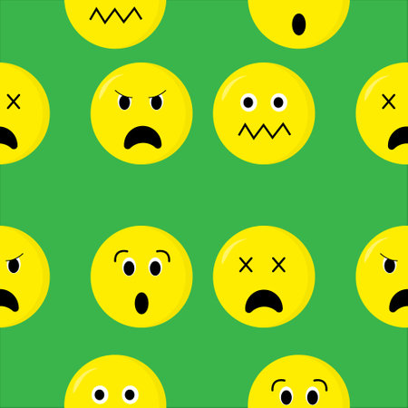 A pattern from a set of vector pictures with different emotions. Dissatisfied emoticons on a green backgroundのイラスト素材