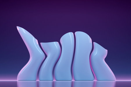 3D illustration glass white pipes of an unusual shape, bent in different directions, stand in a row...