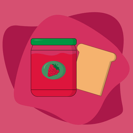 Vector image of homemade raspberry jam with crispy toast on pink background