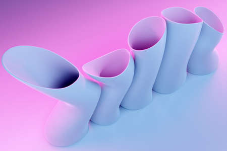 3D illustration glass white pipes of an unusual shape, bent in different directions, stand in a row on a blue-pink backgroundの写真素材
