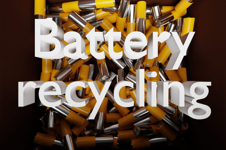 3d illustration aa size alkaline battery in a box. A close-up of the same yellow batteries lined up...
