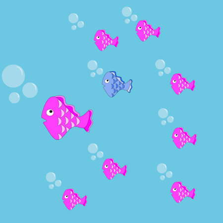 A cute family of fish with mom, daughters and one son swim in the seaのイラスト素材