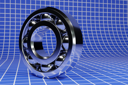 3D illustration metal silver ball bearing with balls on blue isolated background. Bearing industrial. This part of the carの写真素材