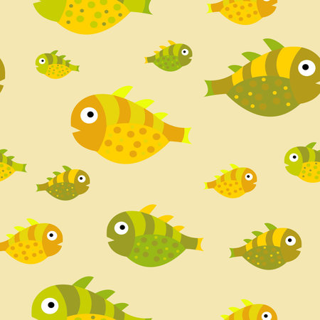 Seamless vector pattern with cute yellow and green decorative fish. Funny multicolor background, sea textureのイラスト素材