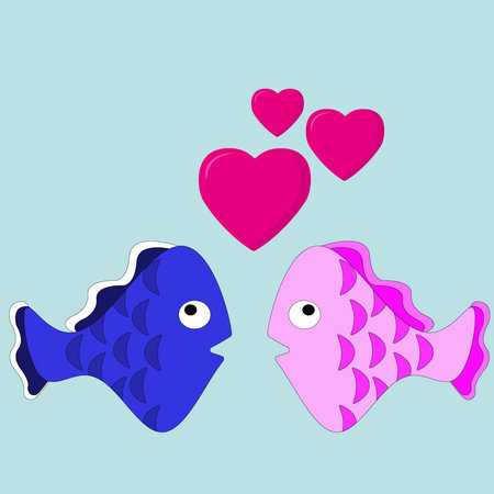 Cute loving fishes of pink and blue color look at each other hearts fly above them on blue isolated backgroundのイラスト素材