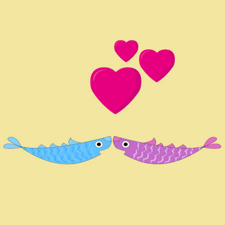 Cute loving fishes of pink and blue color look at each other hearts fly above them on yellow isolated backgroundのイラスト素材