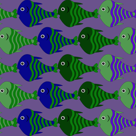 vector pattern with cute purple and green decorative fish. Funny multicolor background, sea textureのイラスト素材