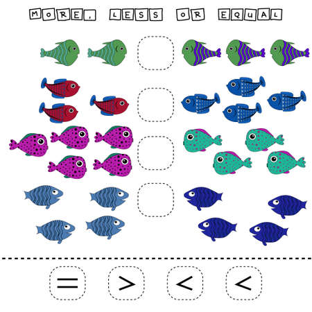 Which is greater, less or equal game with funny fishes. Worksheet for preschool kids, kids activity sheet, printable worksheetのイラスト素材