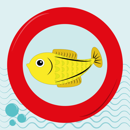 Cute cute sea fish on the background of a beautiful life buoy on the background of the sea