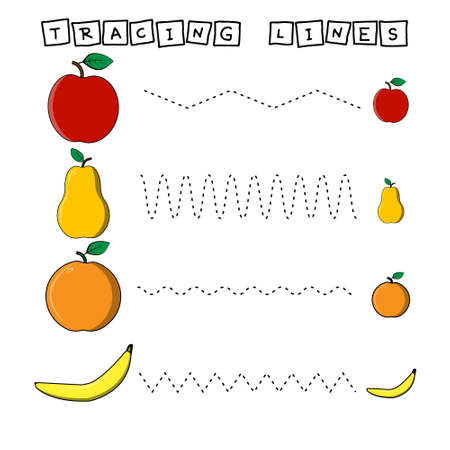 Trace line worksheet with fruites for kids, practicing fine motor skills. Educational game for preschool children.のイラスト素材