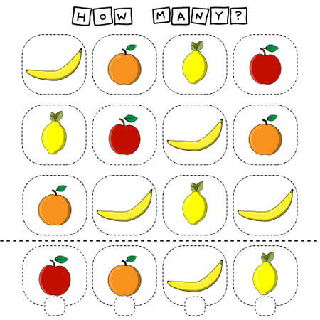 How many counting game with fruites orange, apple, banana, lemon. Worksheet for preschool kids, kids activity sheet, printable worksheetのイラスト素材