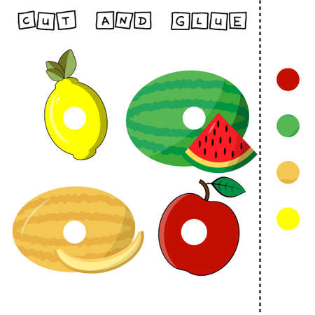 Fruites worksheet vector design, the task is to cut and glue a piece on colorful cute fruites: apple, lemon, watermelon, melon. Logic game for children.のイラスト素材