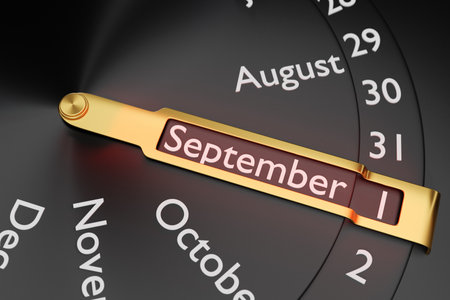 3D illustration of a black calendar round clock with 12 months shows the date of September 1st on a black background. Round calendar month.の写真素材