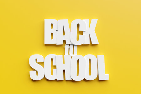 3d illustration white volumetric inscription Back to school on a yellow background. Concept for the...