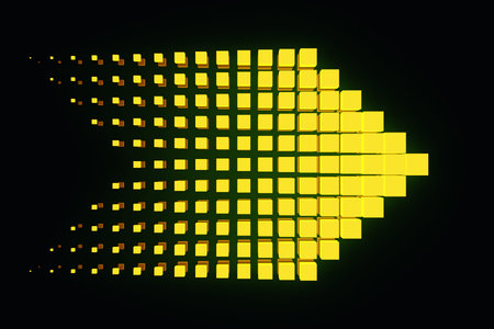 3D illustration of the yellow arrow icon on black isolated background. Arrow showing forward...