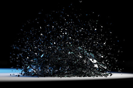 3d illustration of a small explosion of glass fragments. Broken glass is flying in different...