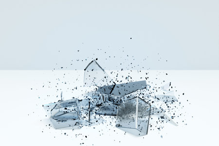3d illustration of a transparent broken cube with huge shards on a white background. The geometry of shapes that are broken down into small pieces. Random shapes.の写真素材
