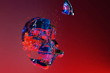 futuristic skull 3D illustration. Skull illuminated with blue and red and neon lights. Cool futuristic design element.の写真素材