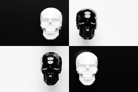 Set of pop art black and white skulls 3D illustration in front. Pop art graphic illustration of...