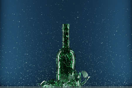 Broken bottle isolated on blue background. 3d illustrationの写真素材