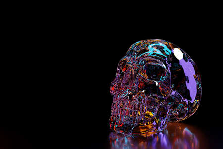 futuristic skull 3D illustration. Skull illuminated with blue and red and neon lights. Cool futuristic design element.の写真素材