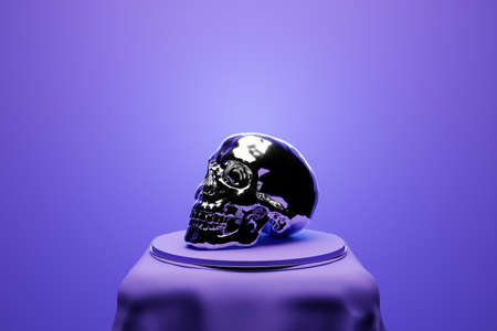 3d illustration of a glass skull on a pedestal under a purple cloth on a monocrome background. Skull art concept.の写真素材