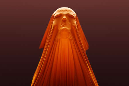 3d illustration of a silhouette of a skull under a orange cloth on a dark background. Skull art .Halloween concept.の写真素材