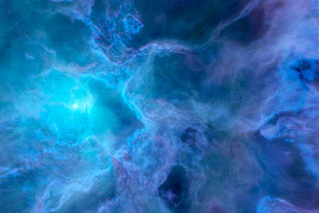 3d illustration of realistic blue cosmic sky with stars. A raging sea with foam and huge waves...
