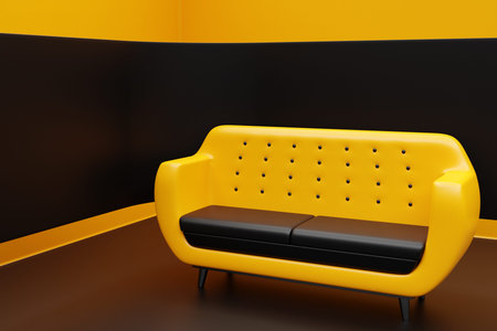3d illustration of a yellow-black sofa in a minimalist style in living room