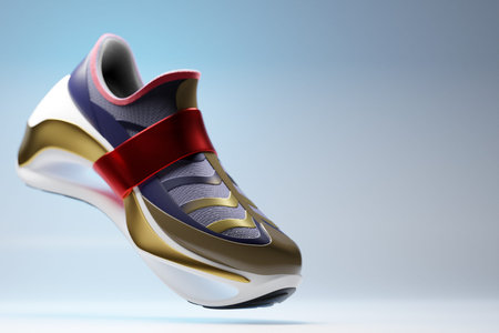 3d illustration blue and red new sports sneakers with gold inserts on a huge foam sole, sneakers in an ugly style.ashionable sneakers.の写真素材