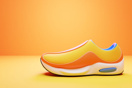 3d illustration bright massive sneaker with fasteners in orange tones are depicted on a monocrome background. A pair of new sports sneakerの写真素材
