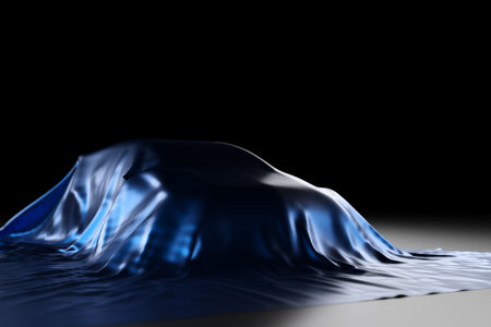 3d illustration of the outline of a racing car under a cloth with reflections on a black background....