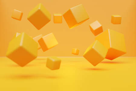 3D illustration volumetric yellow cube on a geometric monophonic background. Parallelogram pattern. Technology geometry neon backgroundの写真素材