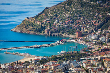 View from the hill in Alanya, Turkey. Alanya cityscape. Turkish resort. View from top of the Alanya castle in Alanyaのeditorial素材